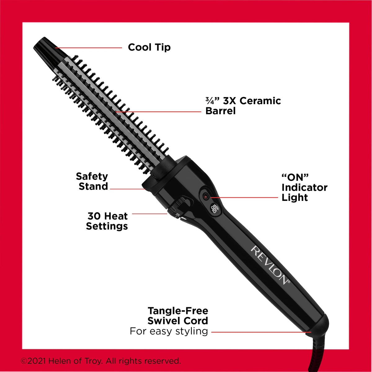 Revlon Perfect Heat Curling Iron features a ceramic barrel, cool tip, safety stand, and 30 heat settings. Verified by CuratCart.