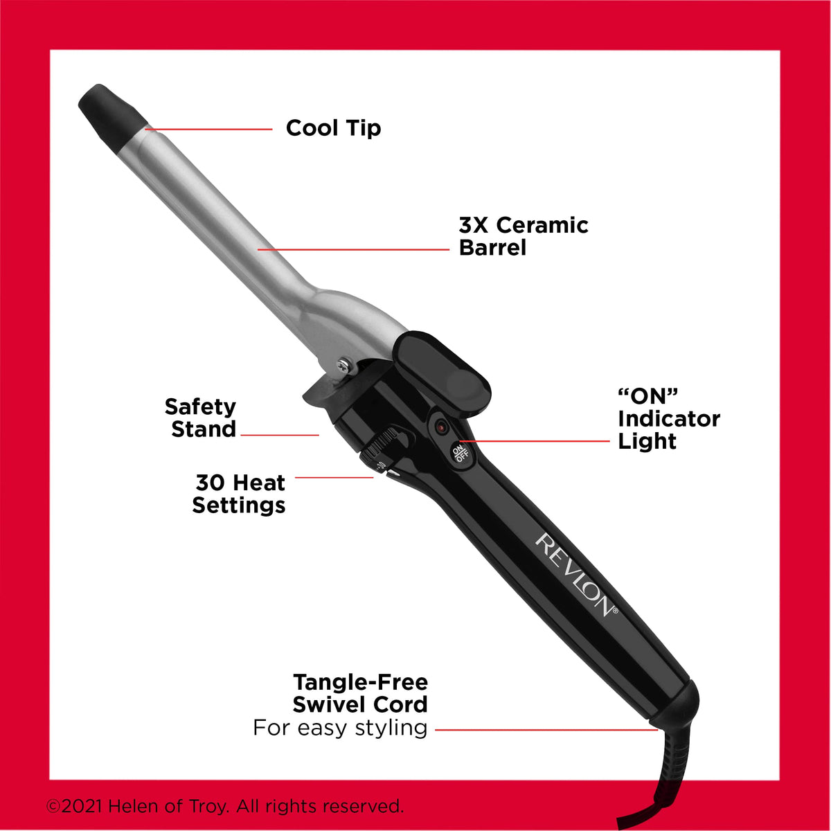 Discover the Revlon Perfect Heat Curling Iron with a cool tip, safety stand, and 30 heat settings. Verified by CuratCart.