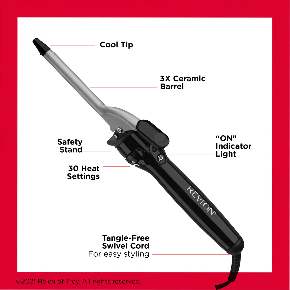 Revlon Perfect Heat Curling Iron with cool tip, ceramic barrel, safety stand, and swivel cord. Verified by CuratCart.