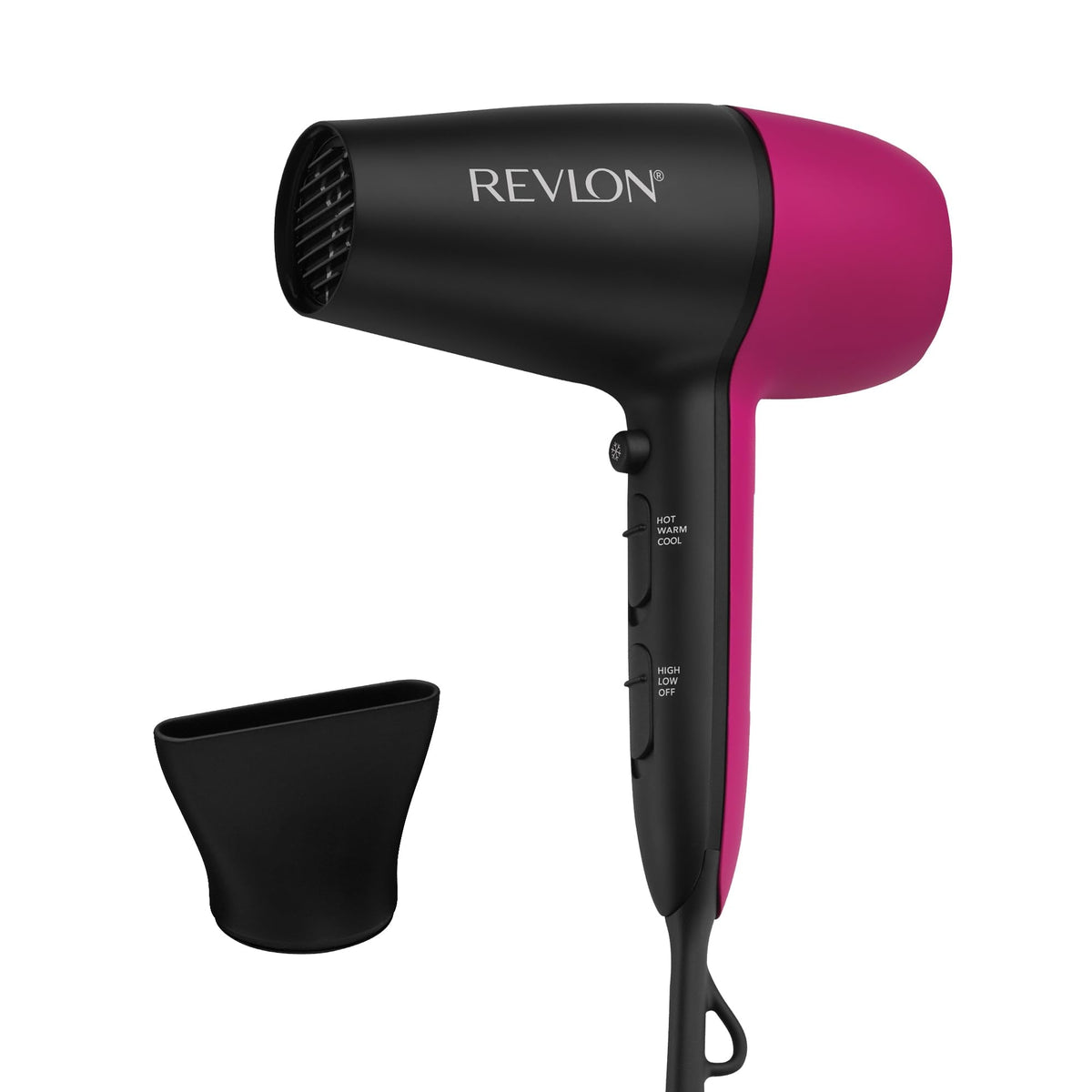 Authentic Revlon Perfect Match Hair Dryer in black and pink with a concentrator attachment, designed for professional styling.