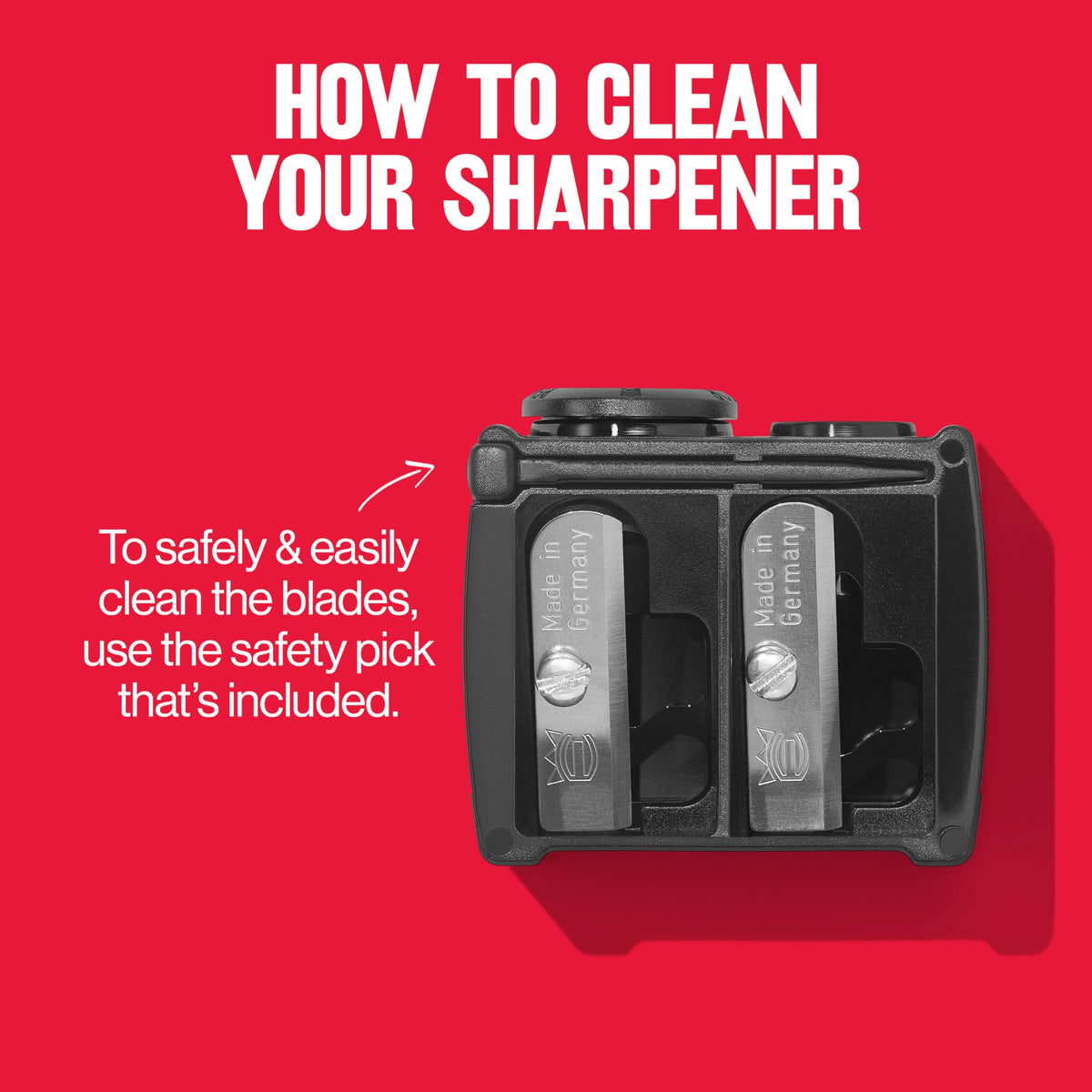 Revlon Universal Sharpener displayed with cleaning instructions. Original packaging includes safety pick for easy maintenance.