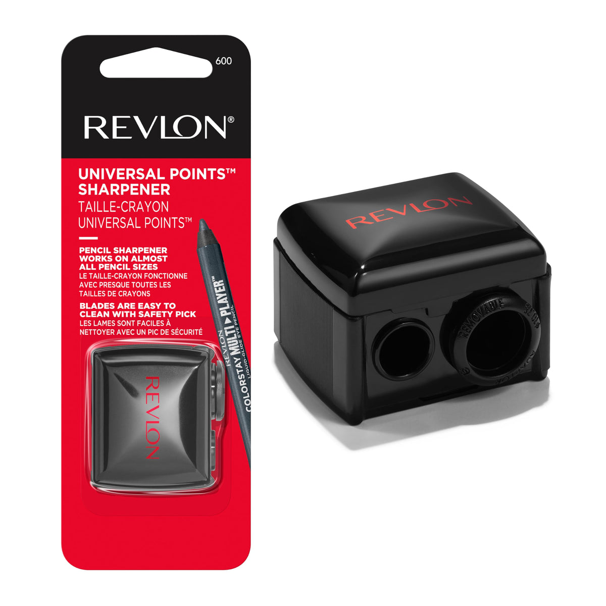 100% Genuine Revlon Universal Sharpener for all pencil sizes; features dual holes and a safety pick for easy cleaning.