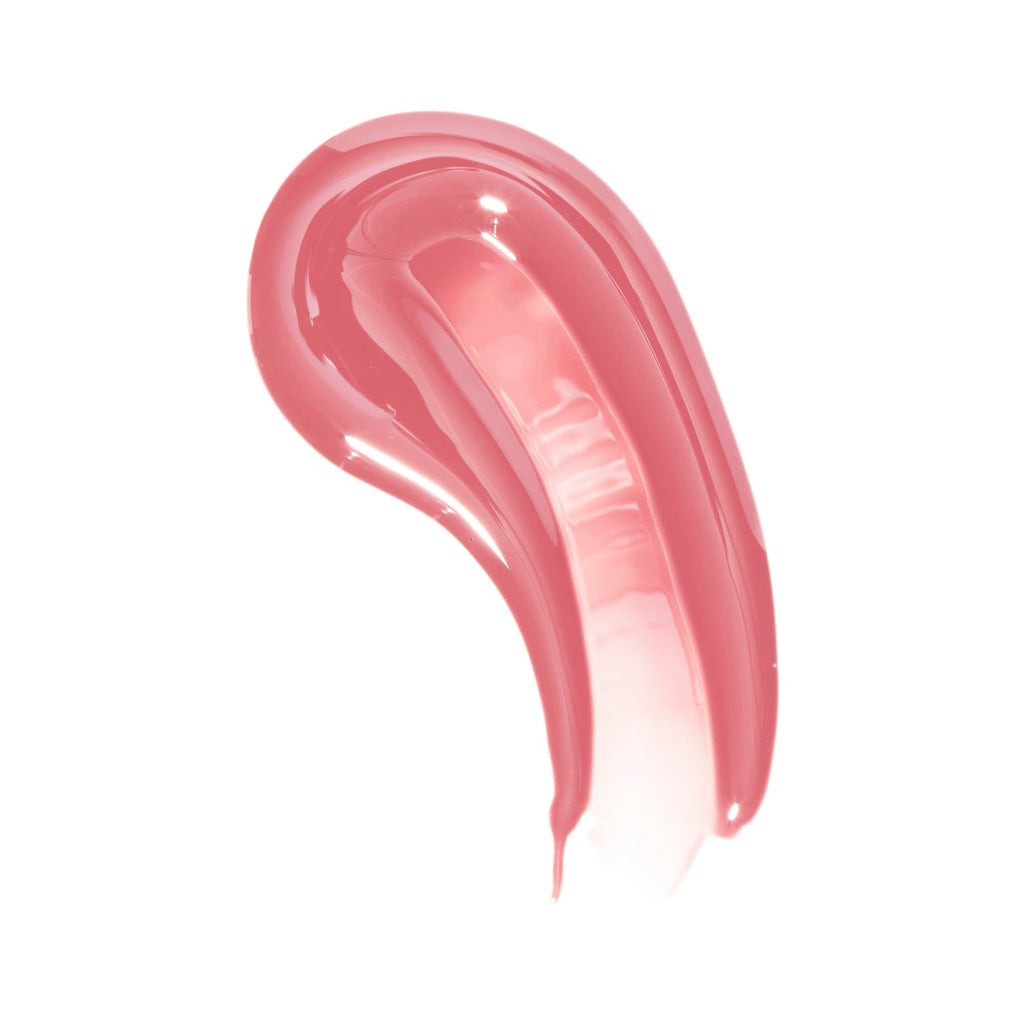 Revolution Pout Bomb Plumping Lip Gloss swatch in a glossy pink shade, showcasing authenticity and vibrant shine.