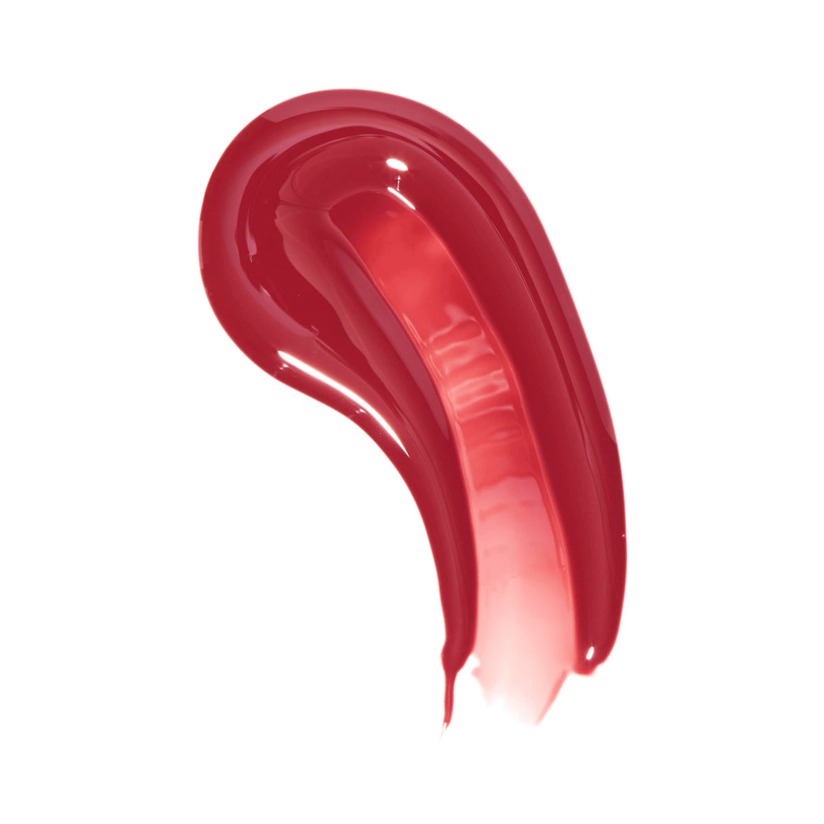 A vibrant red swatch of Revolution Pout Bomb Plumping Lip Gloss showcasing its glossy finish and plumping effect.