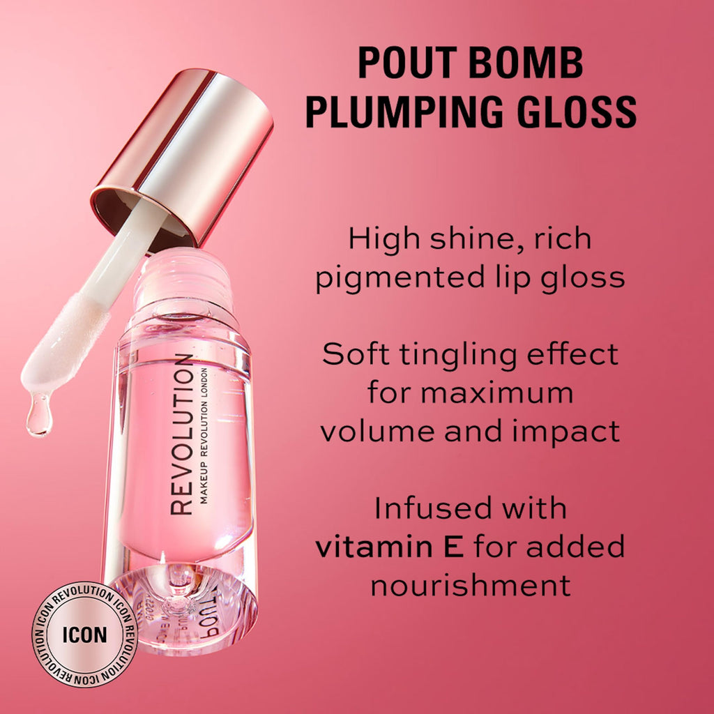 Revolution Pout Bomb Plumping Lip Gloss offers high shine, infused with Vitamin E for nourishment and a soft tingling effect.