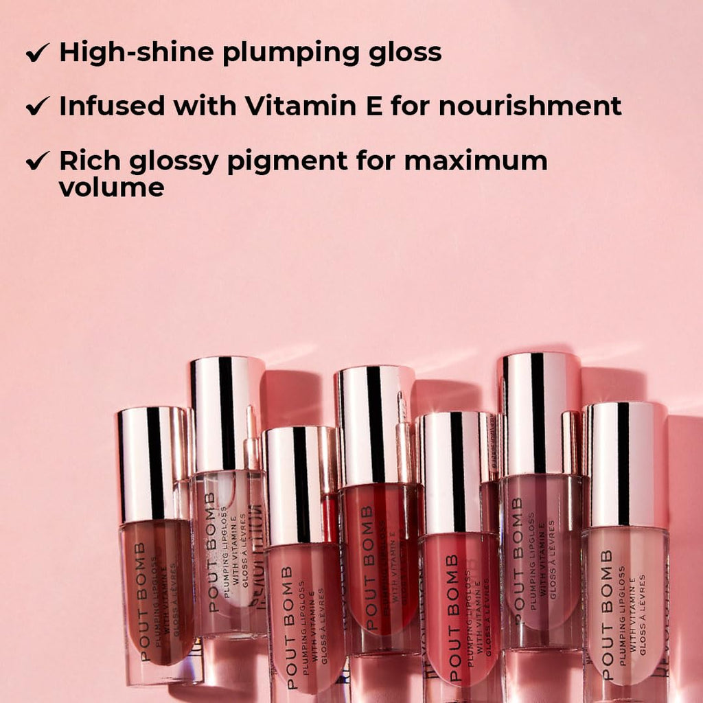 Shop Revolution Pout Bomb Plumping Lip Gloss, infused with Vitamin E, for luscious, glossy lips. Available online.