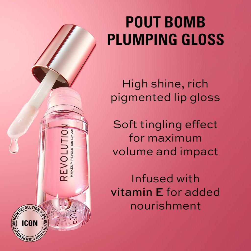 Revolution Pout Bomb Plumping Lip Gloss in sleek packaging; provides high shine, soft tingling, and vitamin E nourishment.