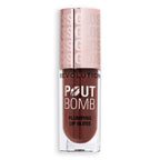Revolution Pout Bomb Plumping Lip Gloss in a stylish clear tube with a pink metallic cap, enhancing lips beautifully. Verified by CuratCart.