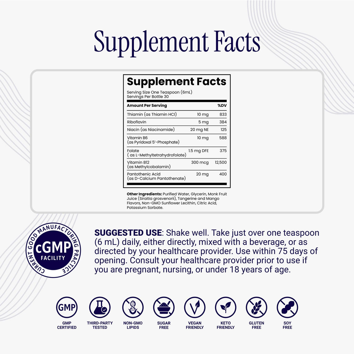 Detailed supplement facts for Rho Nutrition Methylated B-Complex, showcasing high-quality official packaging. Available at Curat Cart.