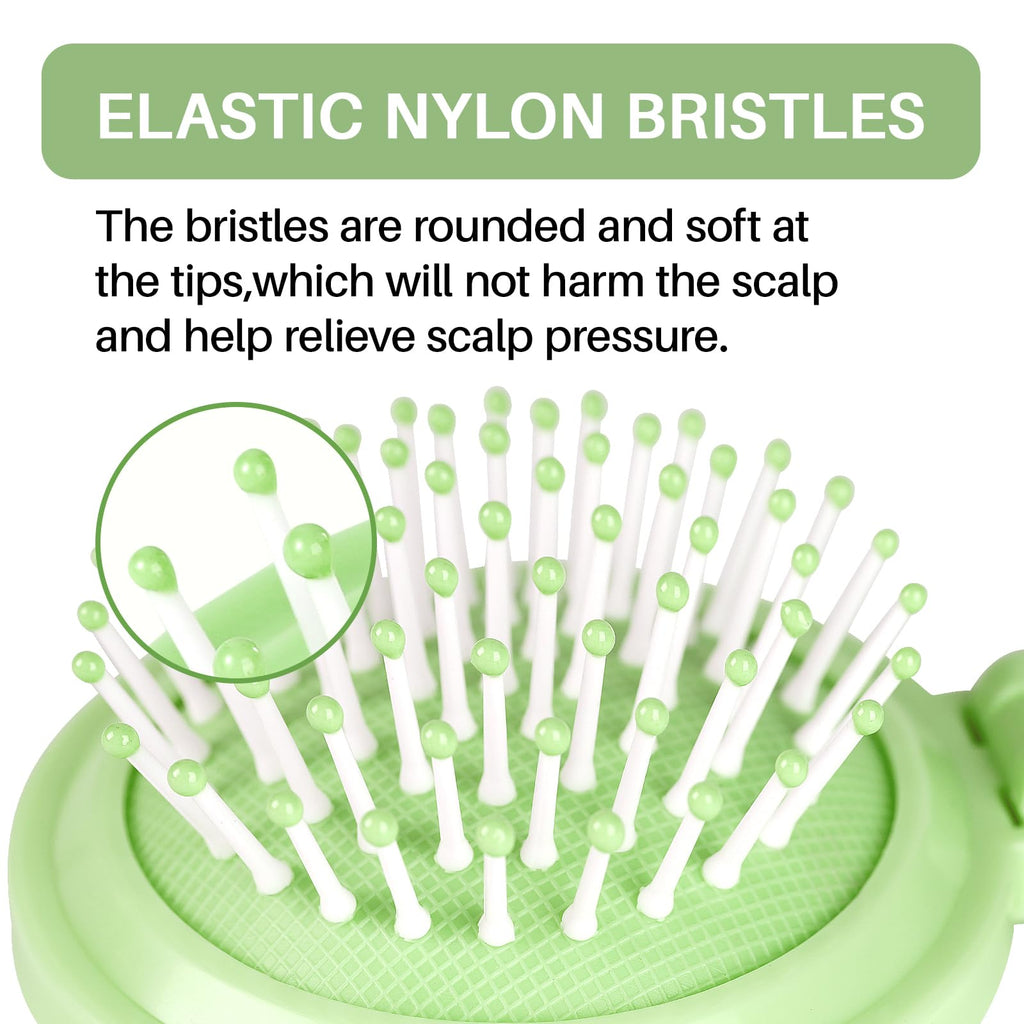 Authentic RHOS folding brush with a mirror features soft elastic nylon bristles for gentle scalp care and relief.