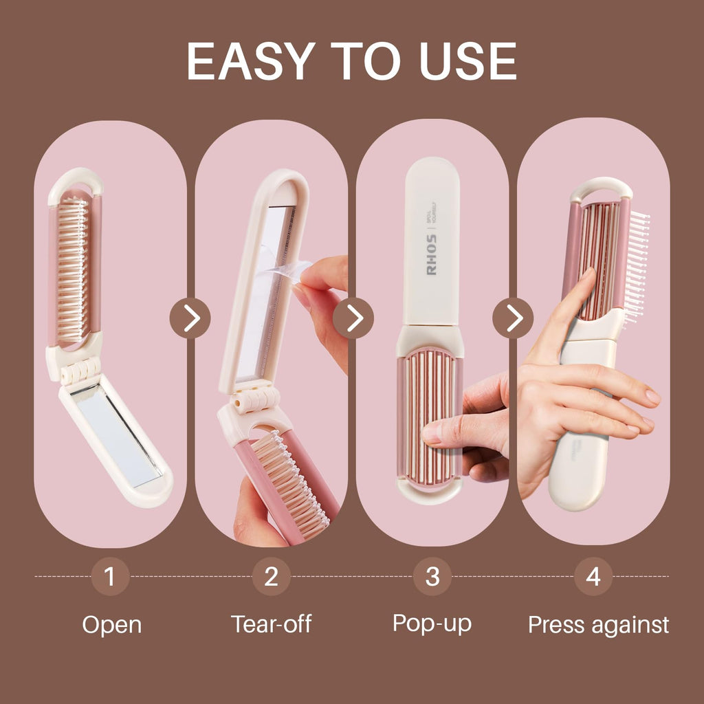 The RHOS Folding Brush features a sleek design, a mirror, and is easy to use, ideal for on-the-go styling.