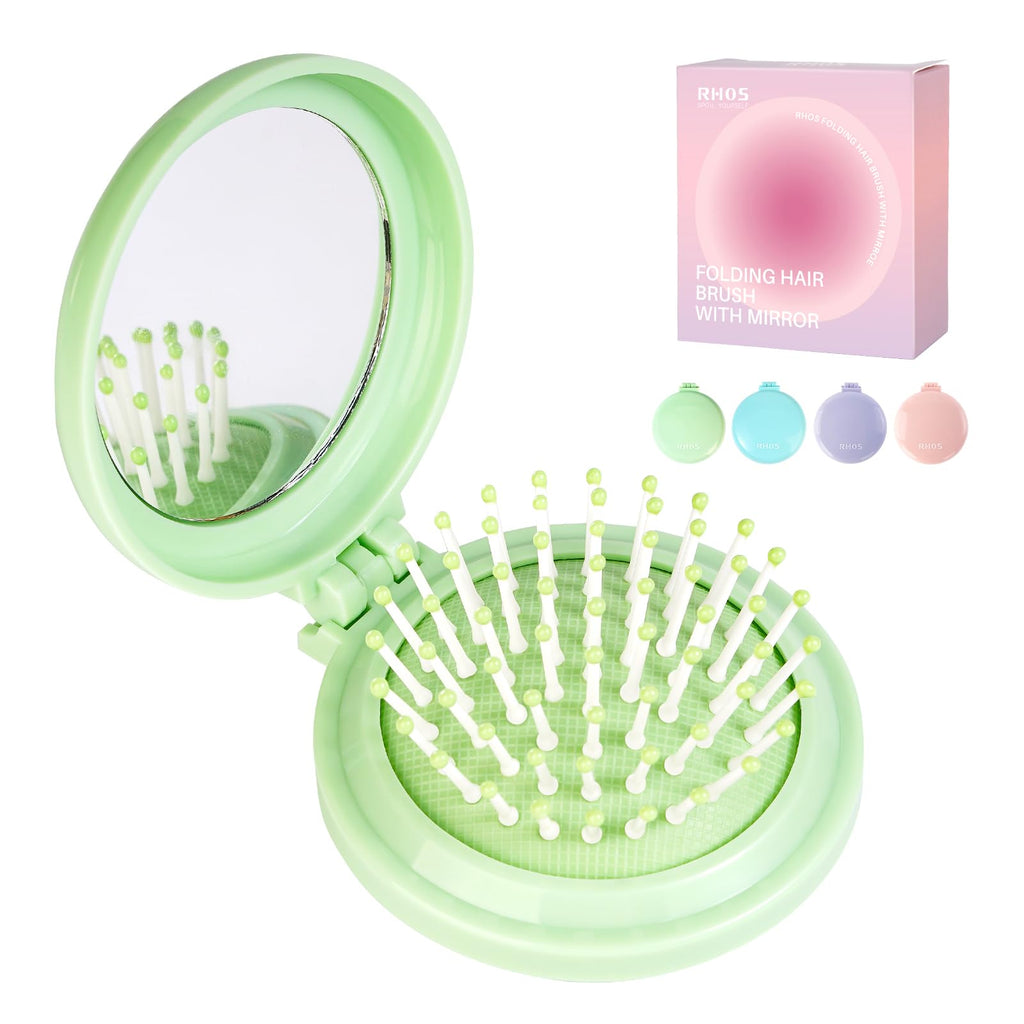 The RHOS Folding Brush features a built-in mirror, vibrant colors, and a space-saving design in a stylish box.
