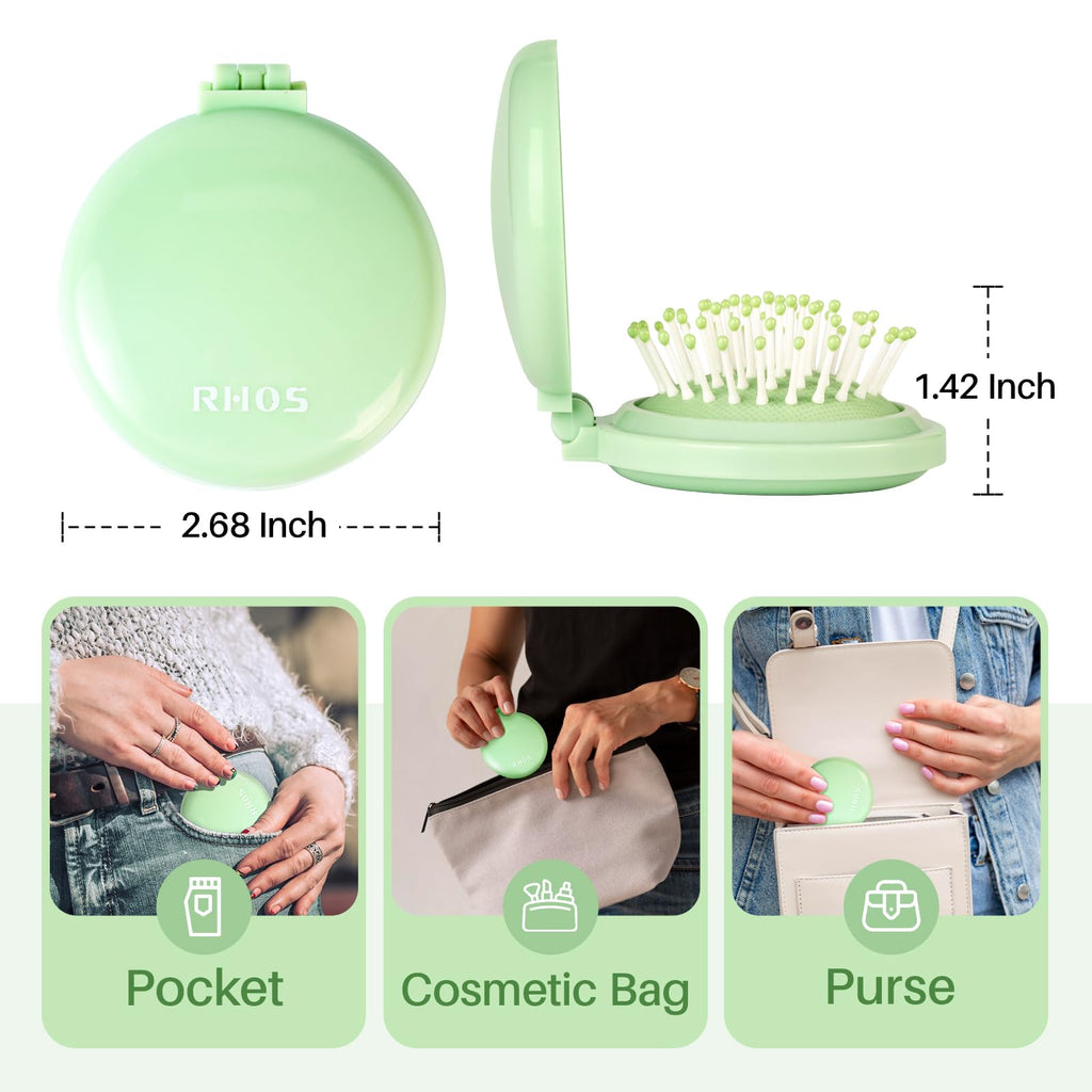 RHOS folding brush with mirror in mint green, perfect for pockets, bags, and on-the-go touch-ups. Official product.
