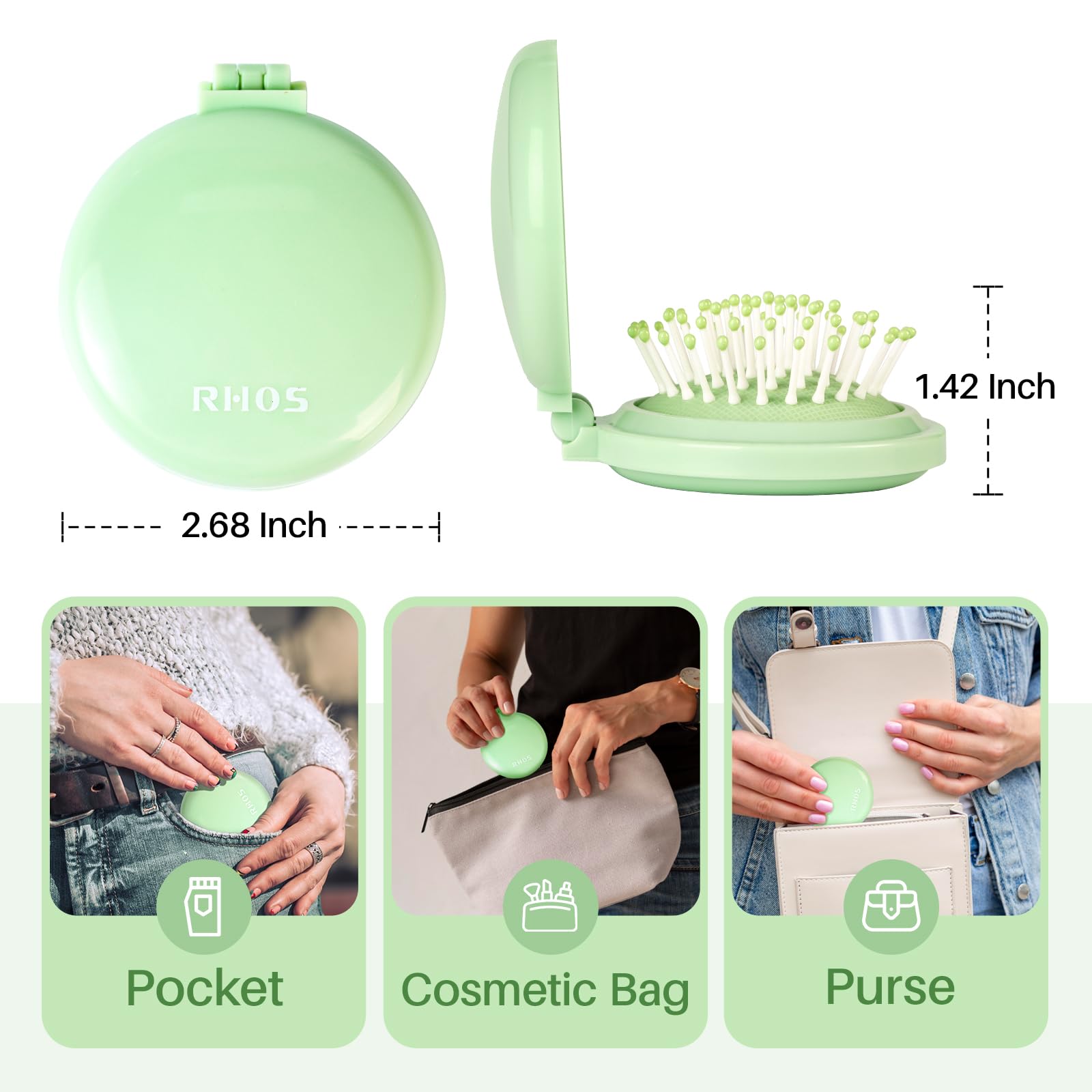 RHOS folding brush with mirror in mint green, perfect for pockets, bags, and on-the-go touch-ups. Official product.