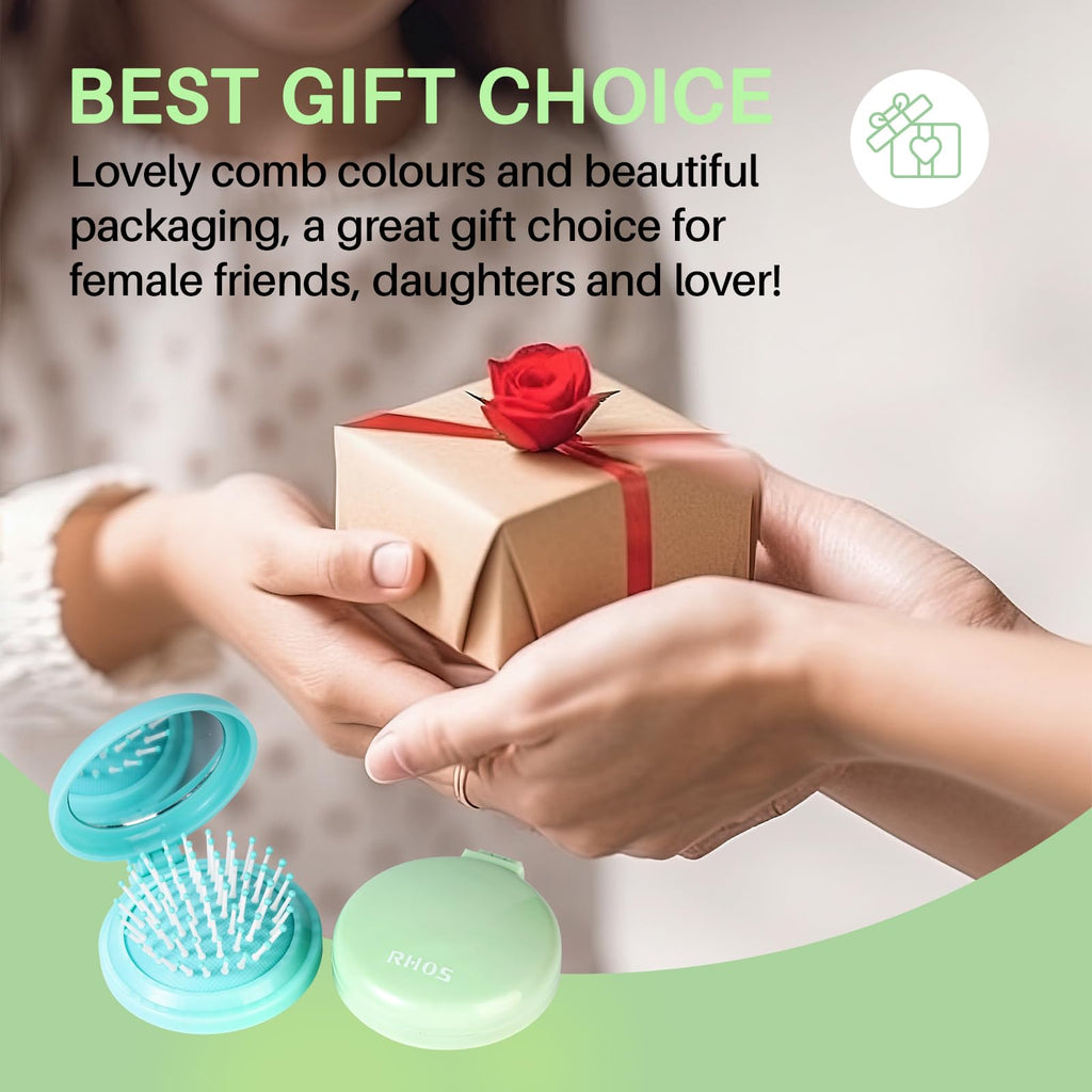 Premium RHOS folding brush with mirror, perfect gift for women, featuring lovely colors and stylish packaging.