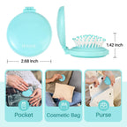 RHOS Folding Brush with Mirror in teal; ideal for pockets or purses. Verified by CuratCart for quality assurance.