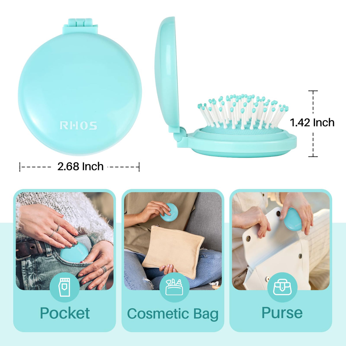 RHOS Folding Brush with Mirror in teal; ideal for pockets or purses. Verified by CuratCart for quality assurance.