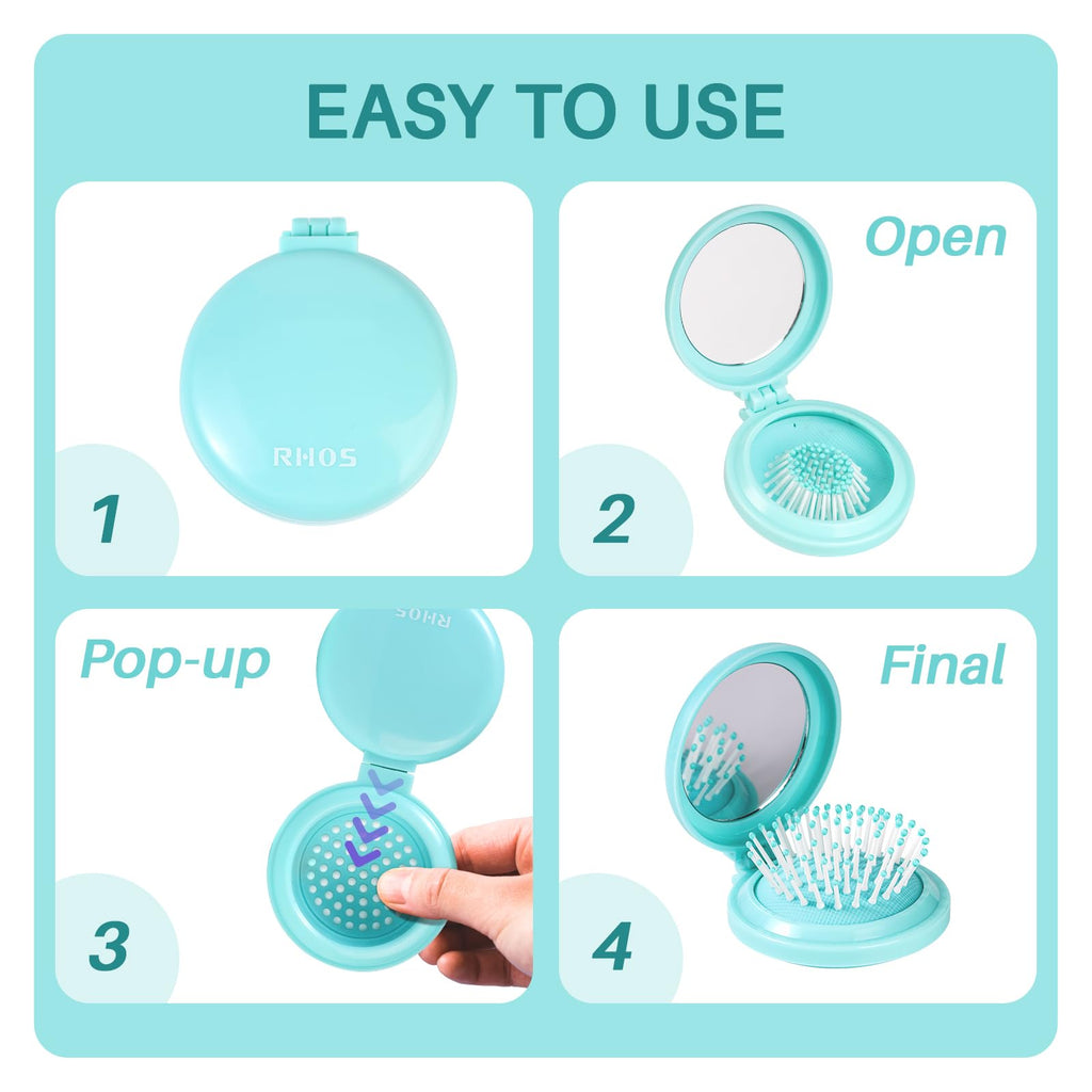 RHOS Folding Brush with Mirror showcases a stylish, compact design for easy travel. Ideal for quick touch-ups anywhere.