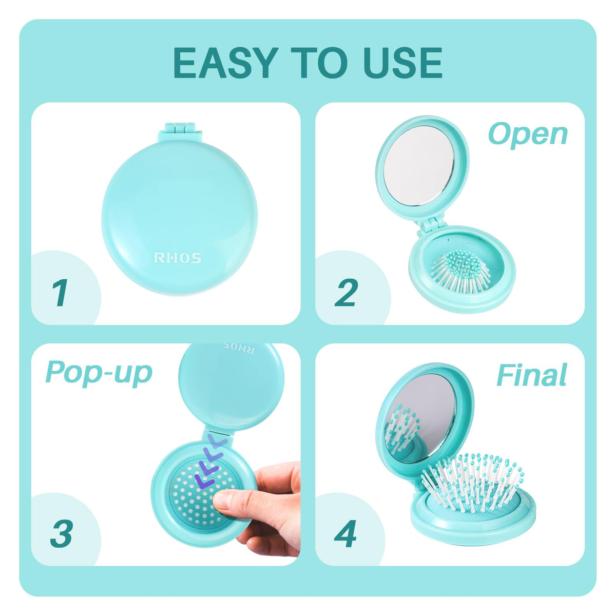 RHOS Folding Brush with Mirror showcases a stylish, compact design for easy travel. Ideal for quick touch-ups anywhere.