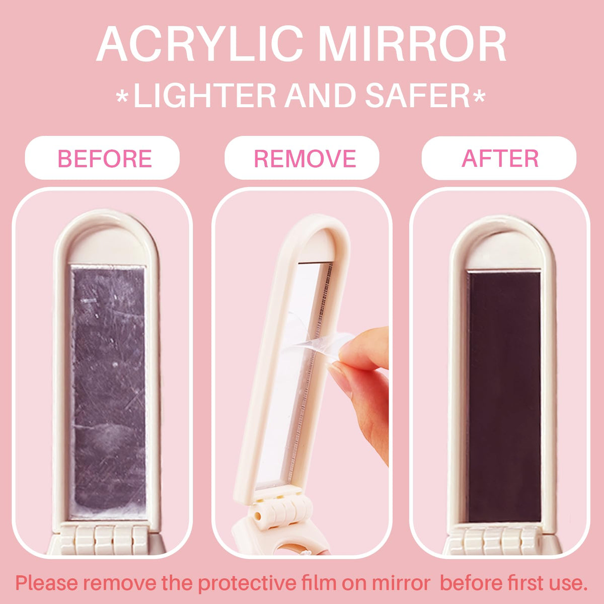 Premium imported RHOS folding brush features a lightweight acrylic mirror, designed for women on-the-go. Perfect for touch-ups!