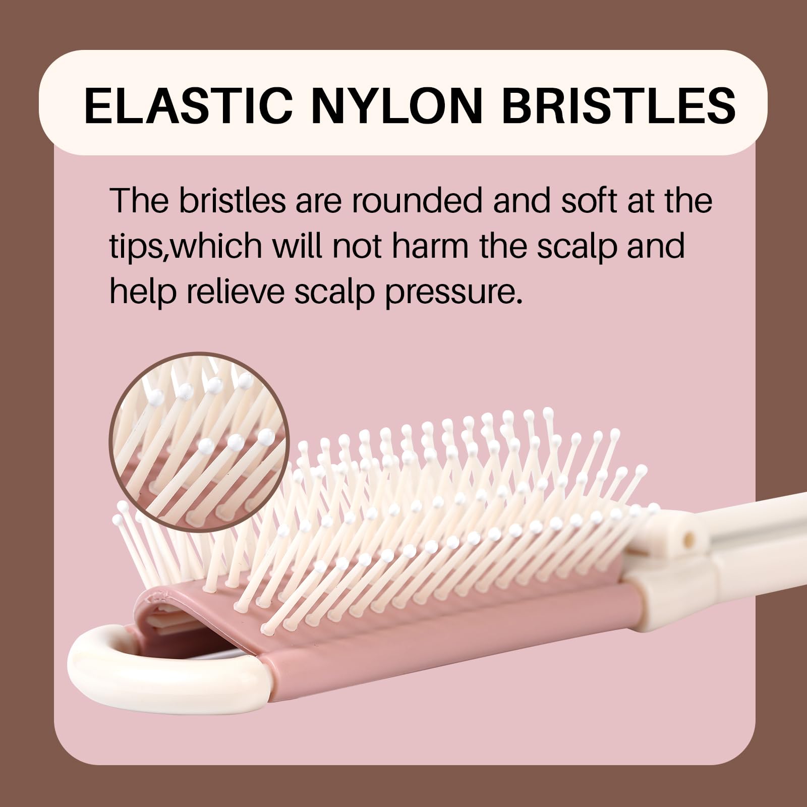 Compact RHOS folding brush with elastic nylon bristles and a built-in mirror, perfect for on-the-go styling. Verified by CuratCart.