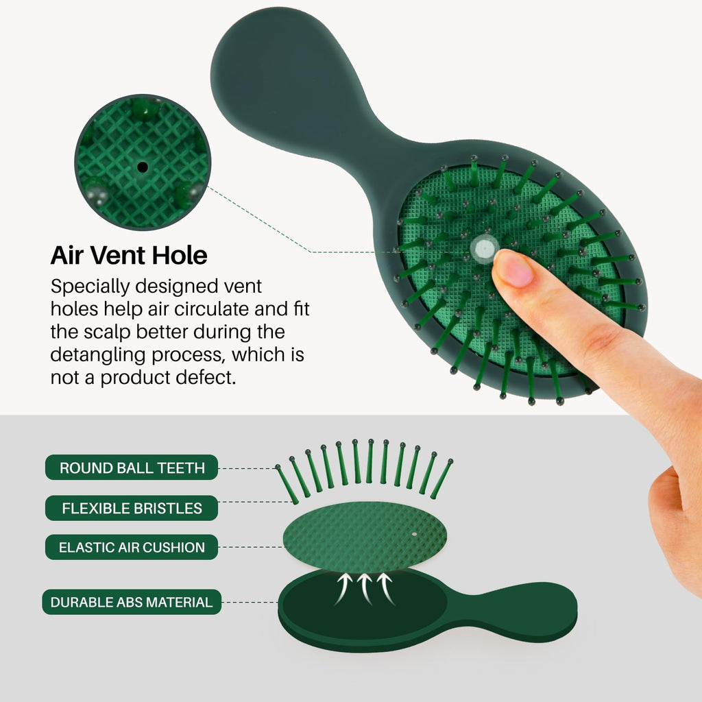 RHOS folding brush features air vent holes, round ball teeth, and flexible bristles, perfect for effortless detangling. Verified by CuratCart.