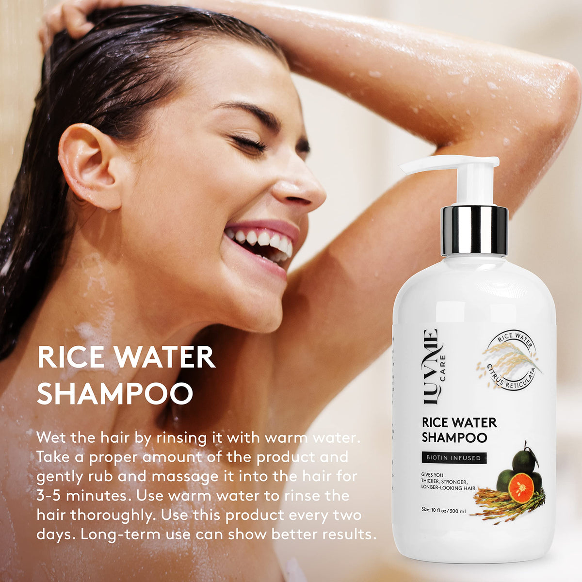 Rice Water Hair Thickening Shampoo in high-quality packaging, designed for luxurious hair care. Available at Curat Cart.