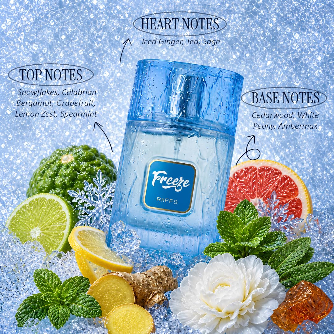 Experience Riiffs Freeze Eau de Parfum in elegant packaging, showcasing refreshing notes of iced ginger and tea. Available at Curat Cart.
