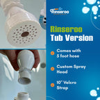 Premium imported Rinseroo Bathtub Faucet Sprayer with 5-foot hose, custom spray head, and 10" Velcro strap available at Curat Cart.