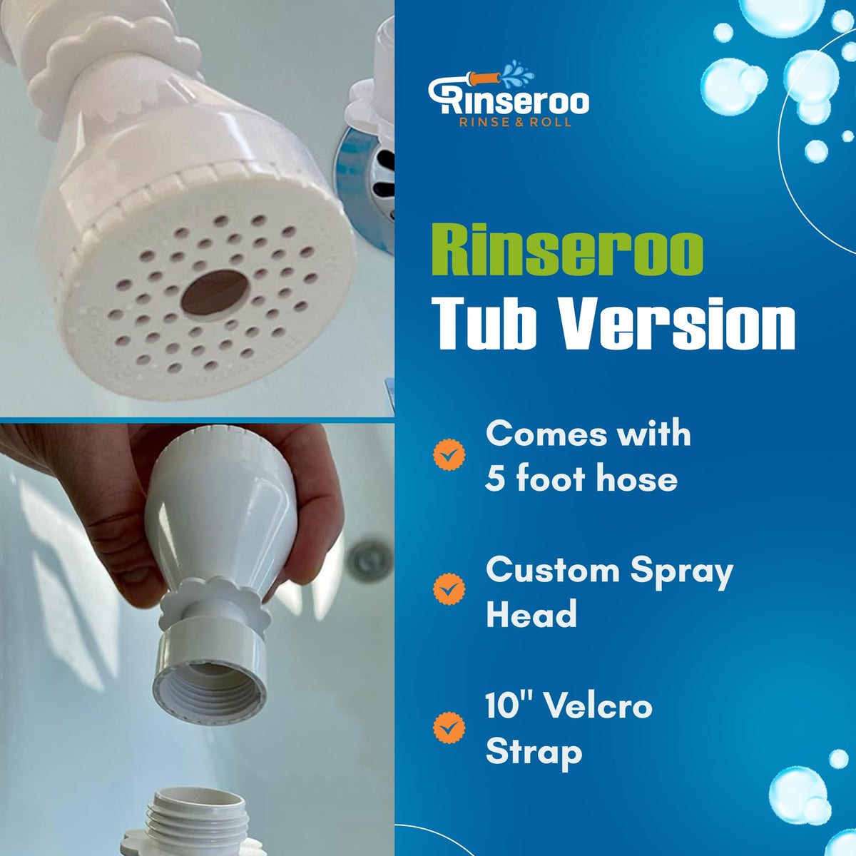Premium imported Rinseroo Bathtub Faucet Sprayer with 5-foot hose, custom spray head, and 10" Velcro strap available at Curat Cart.