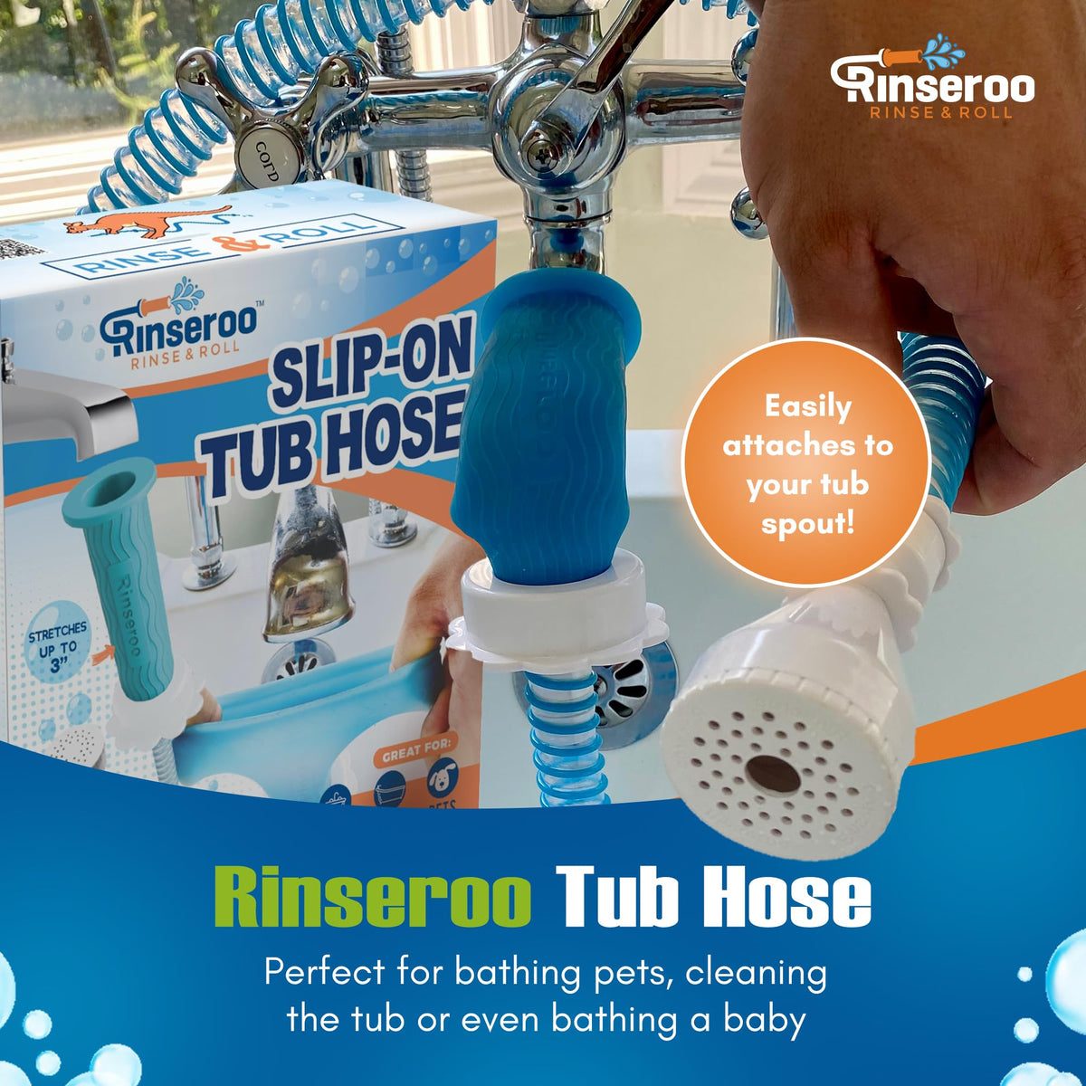 Rinseroo Bathtub Faucet Sprayer, specially curated by Curat Cart, easily attaches to your tub spout for versatile cleaning and bathing needs.