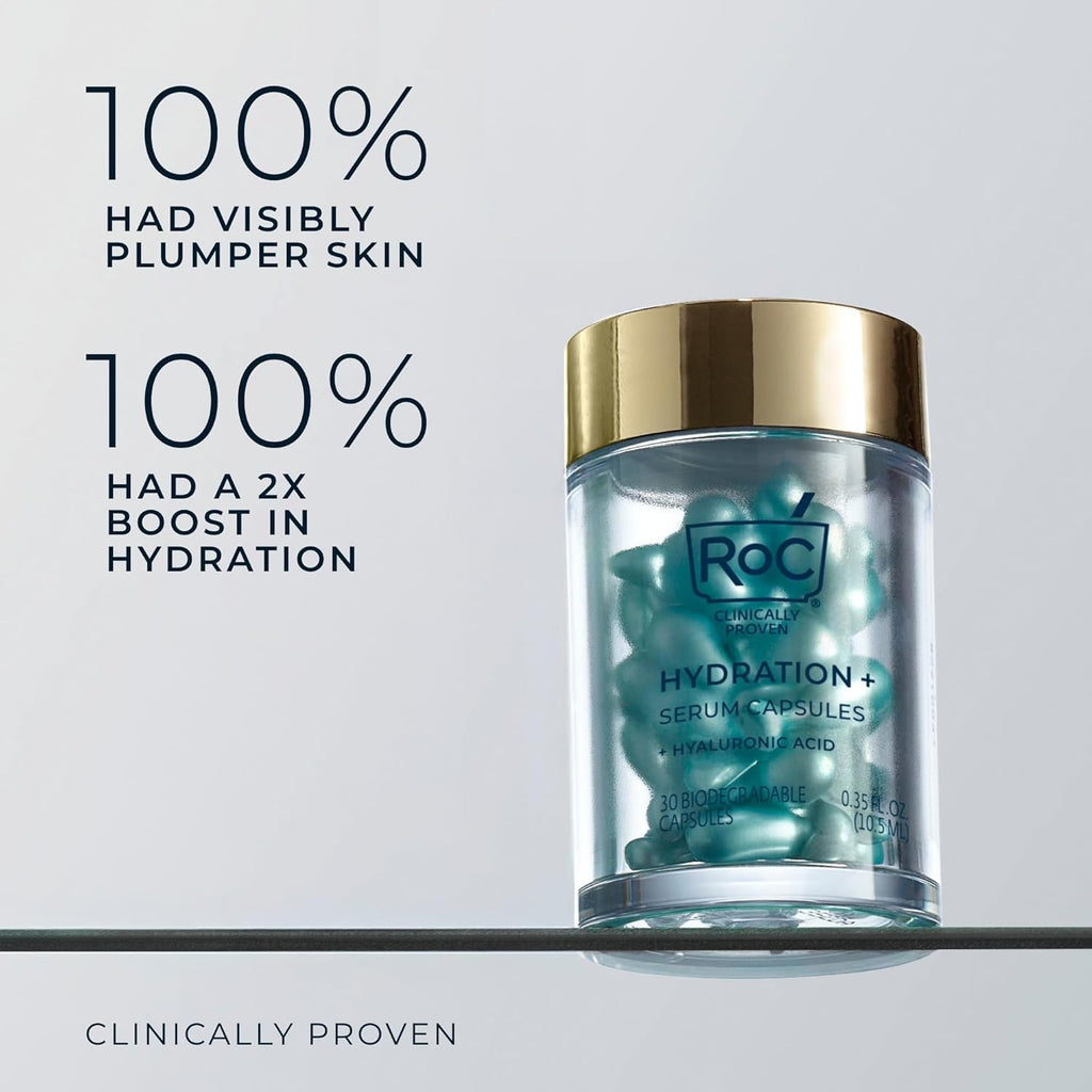 RoC Hydration+ night serum capsules. Clinically proven for plumper skin and boosted hydration in original packaging.