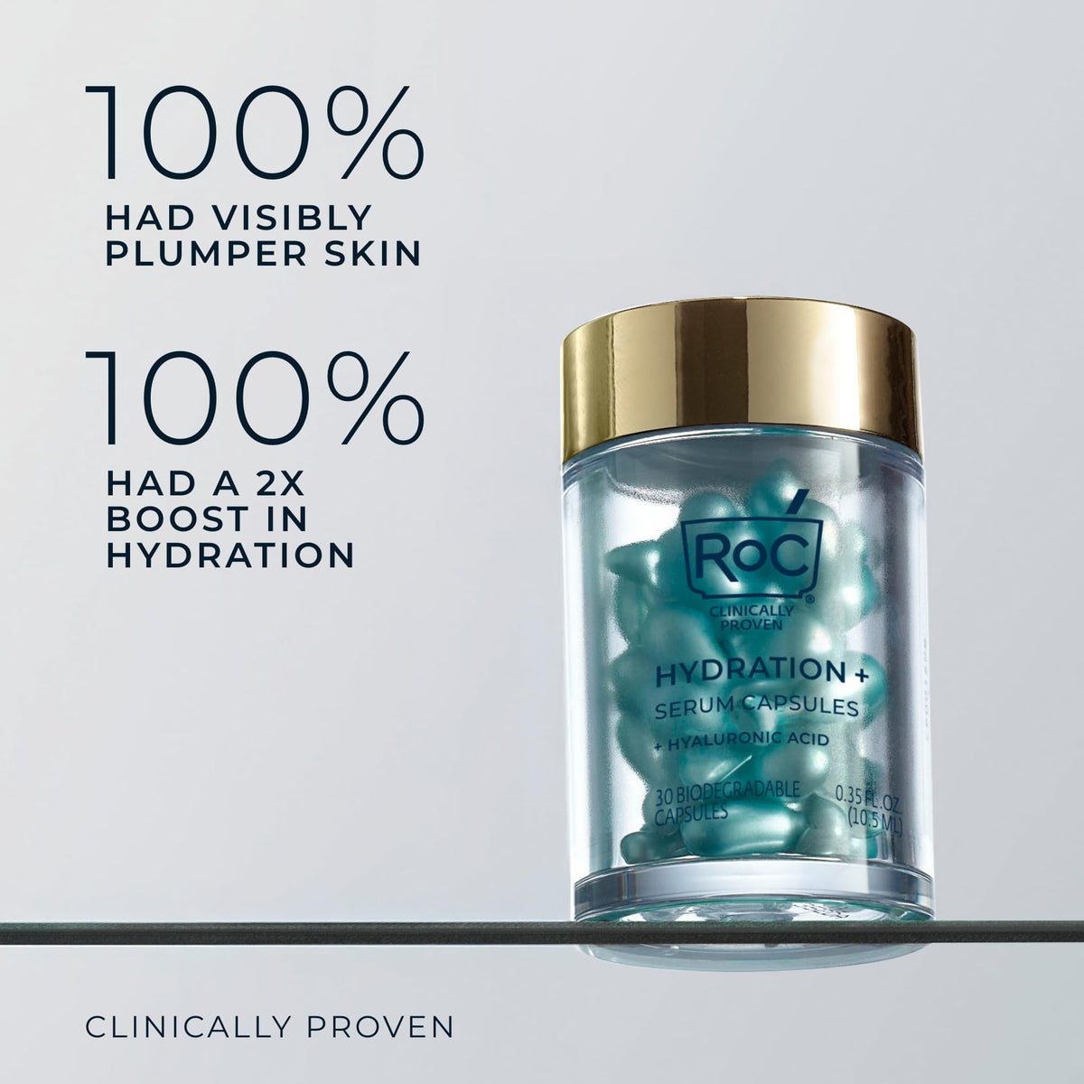 RoC Hyaluronic Acid Night Serum Capsules in a clear container, clinically proven results. Available online for glowing skin.