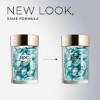 Two transparent jars of RoC Hyaluronic Acid Serum Capsules showcasing new packaging with blue capsules inside.