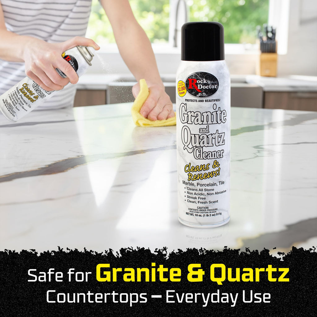 Rock Doctor Granite Cleaner sprays on a countertop, ensuring 100% authenticity and availability in India via Curat Cart.