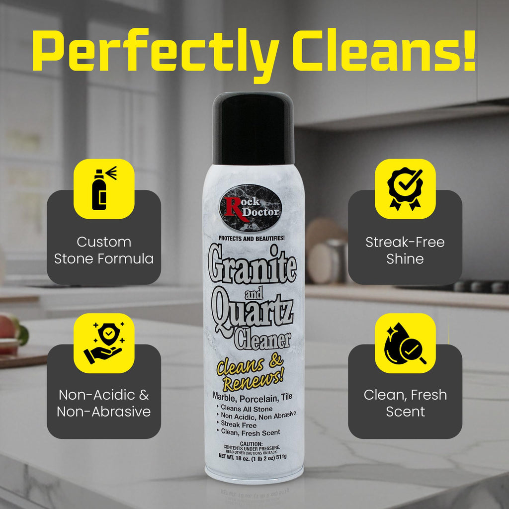 Rock Doctor Granite Cleaner in official packaging, features non-acidic, non-abrasive formula for a streak-free shine. Available at Curat Cart.