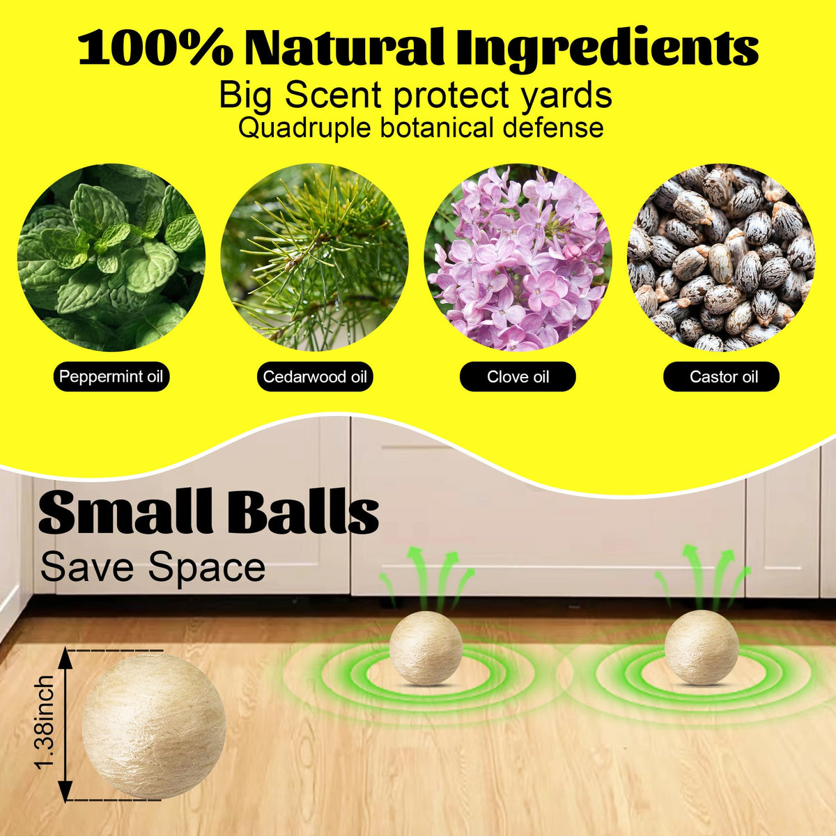 Natural rodent mice repellent balls made with peppermint, cedarwood, clove, and castor oils. Official packaging from Curat Cart.