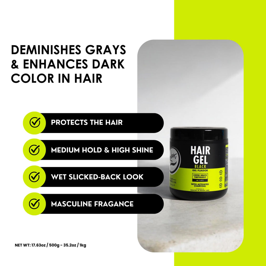 Rolda Black Hair Gel for Men, enhances dark hair, offers medium hold, high shine & masculine fragrance. Available online.