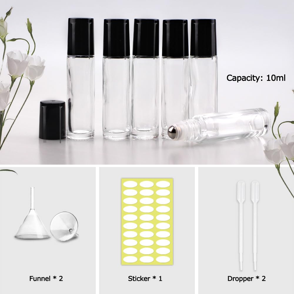 Set of 12 clear roller bottles with black caps for essential oils, includes funnel, stickers, and droppers for easy filling.