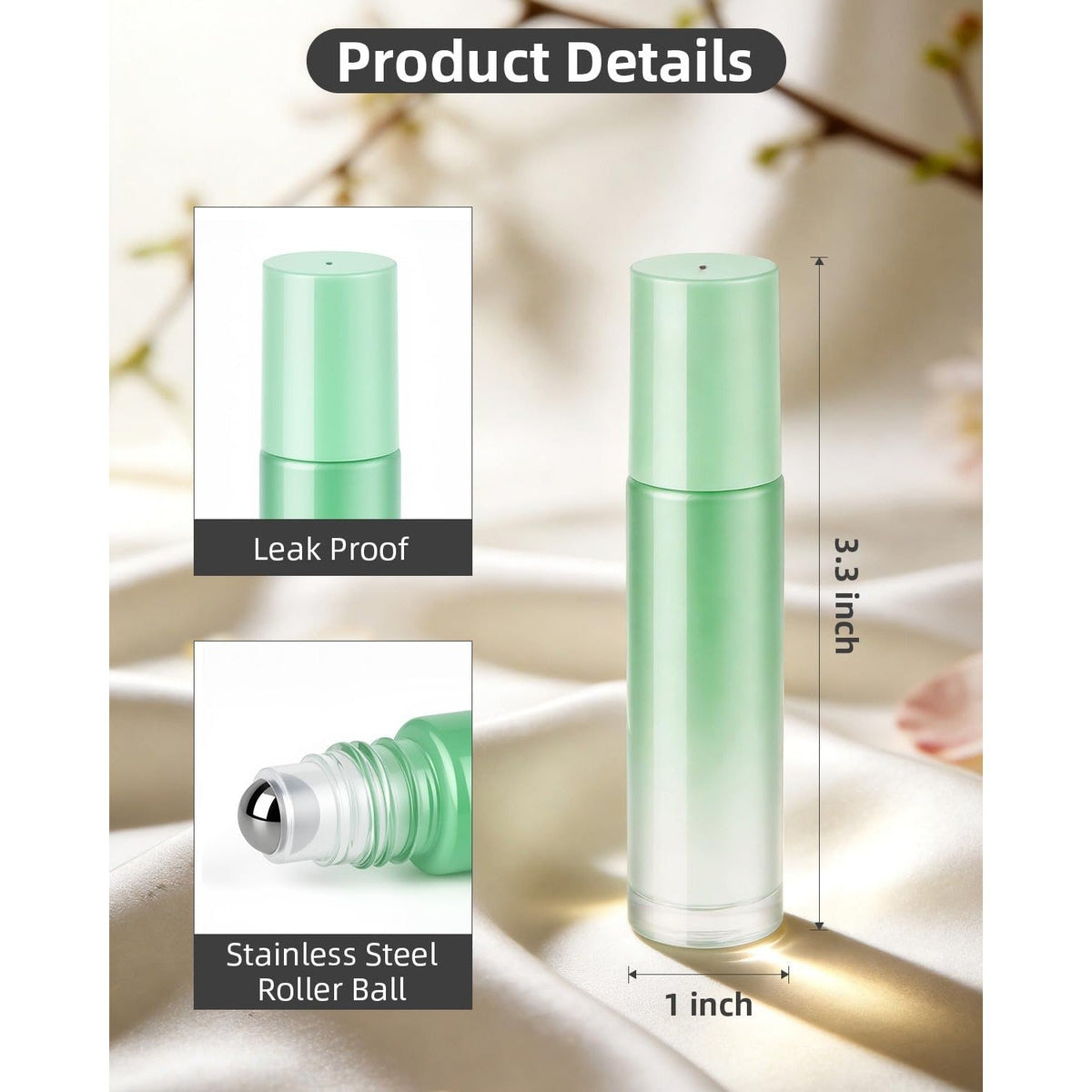 Set of 12 leak-proof roller bottles for essential oils. Features stainless steel roller balls and 3.3-inch height.
