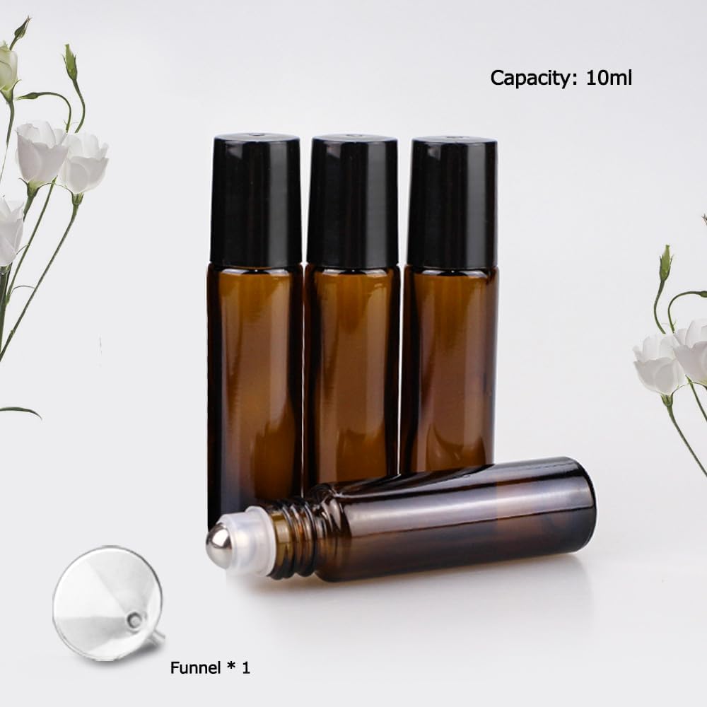 Set of 12 premium import roller bottles, each 10ml, designed for essential oils use, includes a funnel for easy filling.