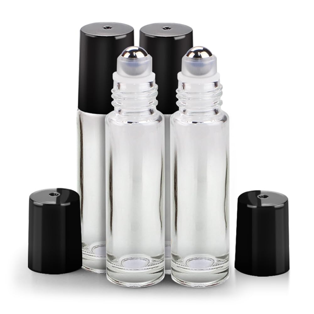 Set of 12 high-quality glass roller bottles for essential oils, featuring secure black caps for safe storage.