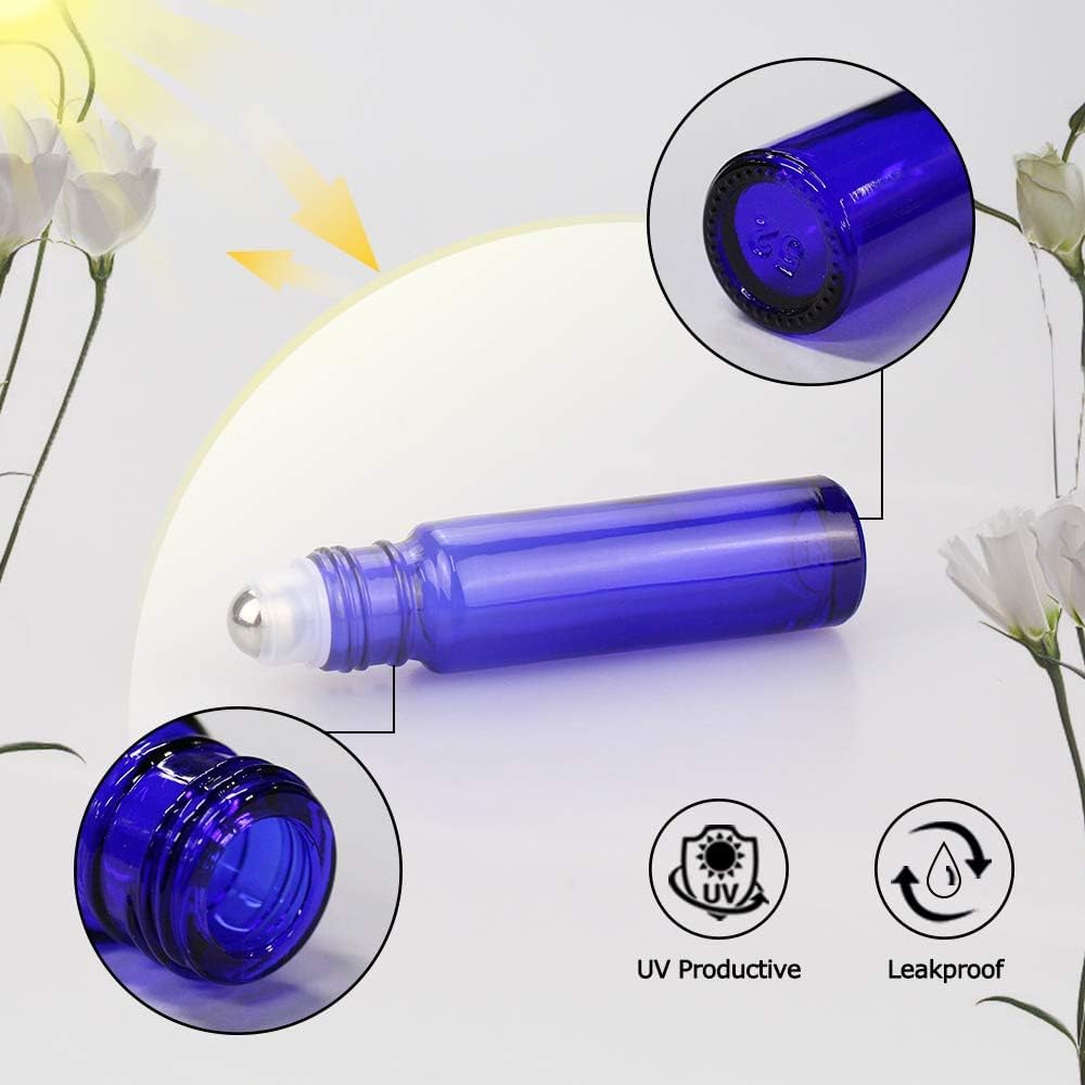 Set of 12 blue roller bottles for essential oils, UV protective, leakproof design, ensuring authenticity and quality.
