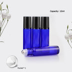 Set of 12 blue glass roller bottles for essential oils, each 10ml with a funnel included. Order online now!