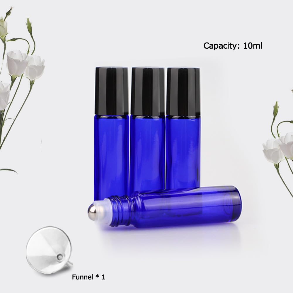 Set of 12 blue glass roller bottles for essential oils, each 10ml with a funnel included. Order online now!