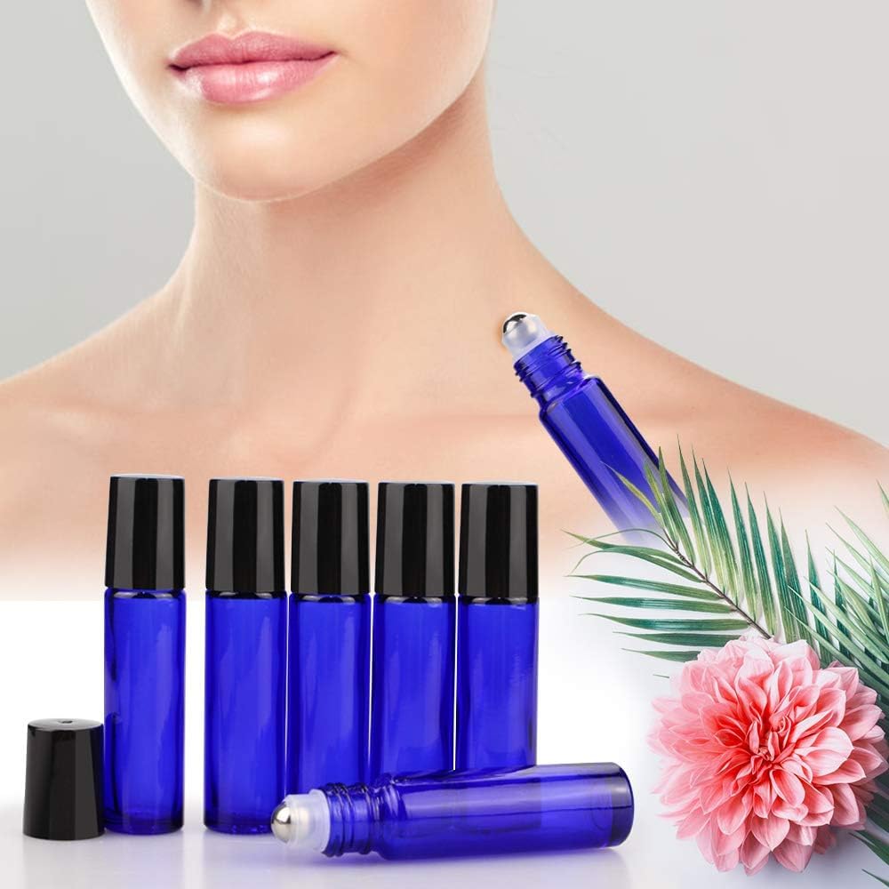 Set of 12 blue roller bottles for essential oils, featuring a sleek design. Verified by CuratCart for quality assurance.