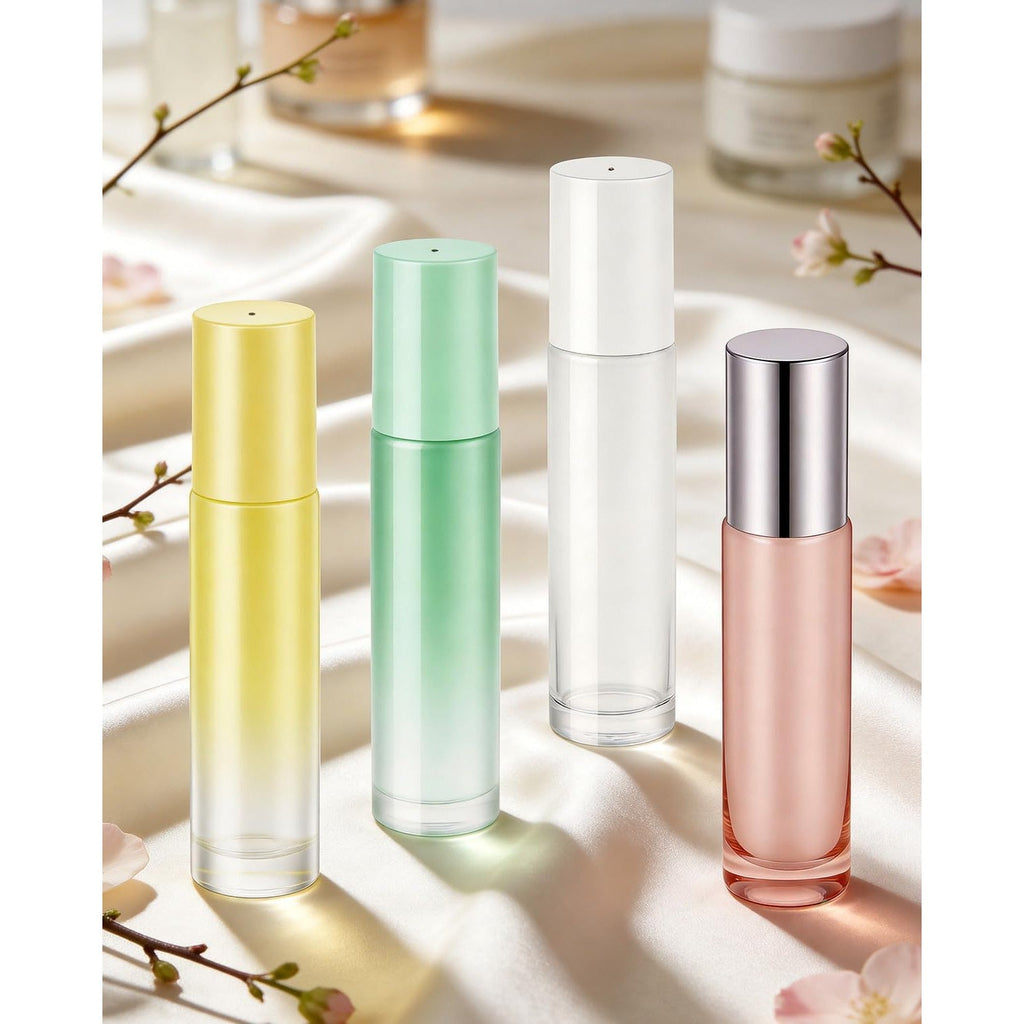 Set of 12 essential oil roller bottles in assorted colors, showcasing elegance and functionality. 100% genuine for aromatherapy.