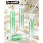 Set of 12 green roller bottles for easy essential oil application. Order online now; convenient funnel included.