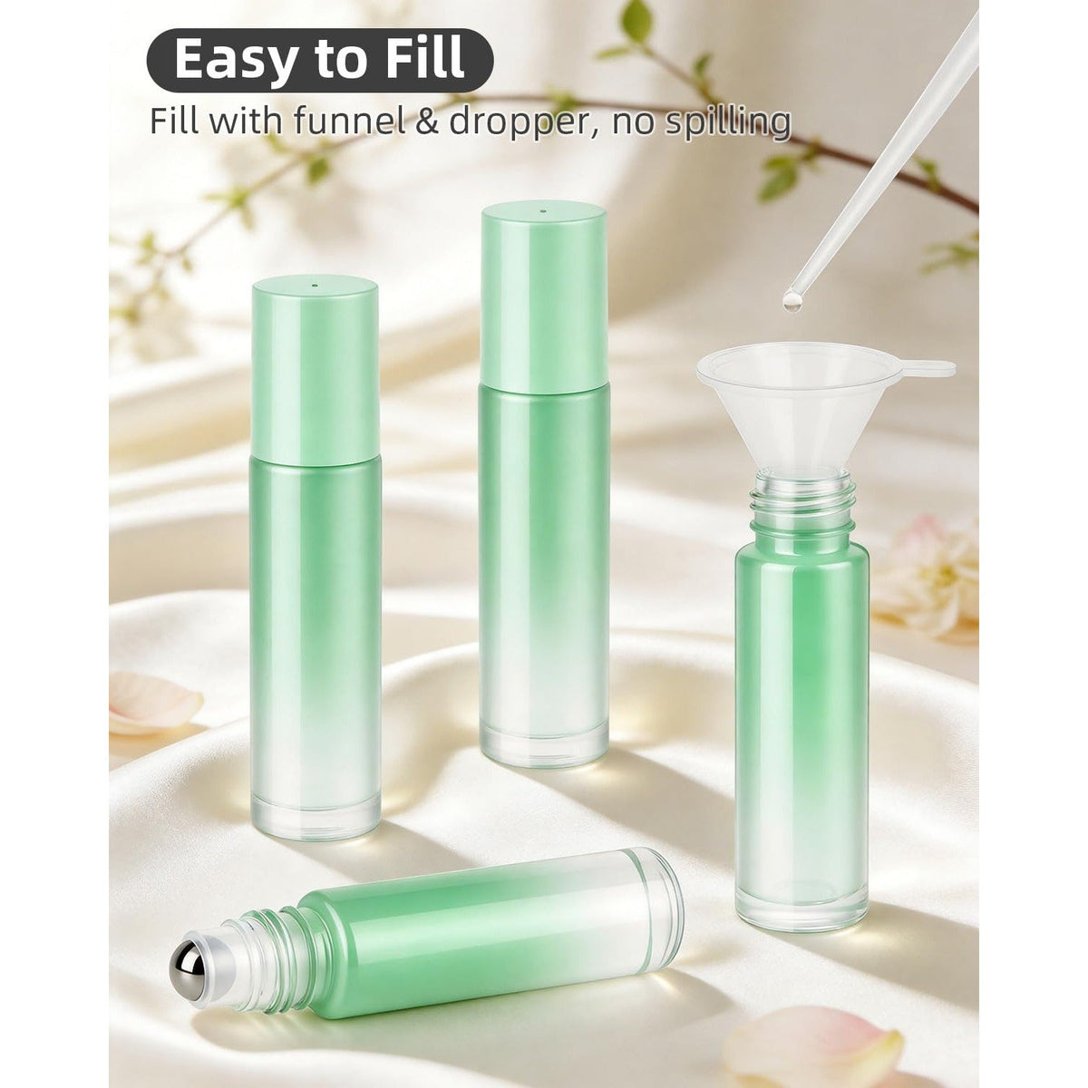 Set of 12 green roller bottles for easy essential oil application. Order online now; convenient funnel included.