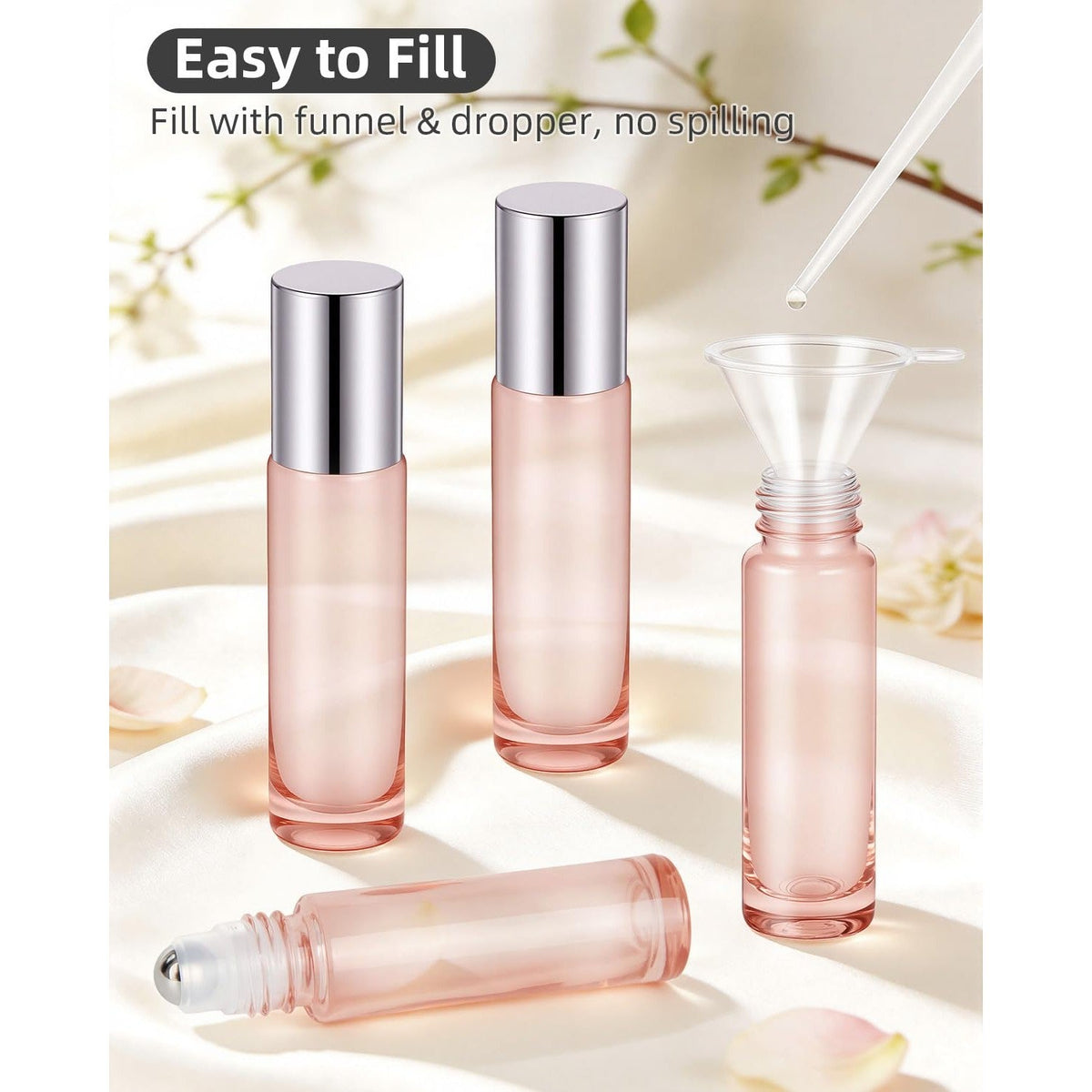 Set of 12 premium imported roller bottles, easy to fill with funnel and dropper, designed for essential oils without spilling.
